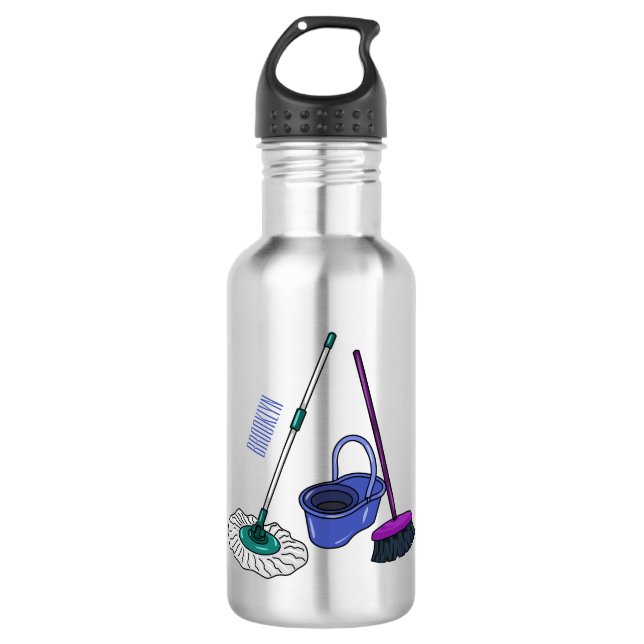 Broom & mop cartoon illustration 532 ml water bottle (Front)