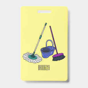Broom & mop cartoon illustration badge