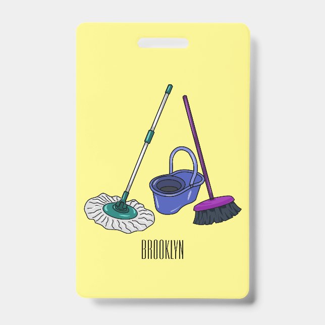 Broom & mop cartoon illustration badge (Front)