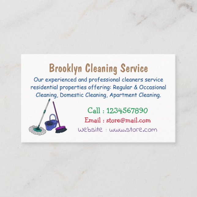 Broom & mop cartoon illustration business card (Front)