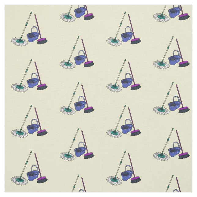 Broom & mop cartoon illustration fabric (Swatch)