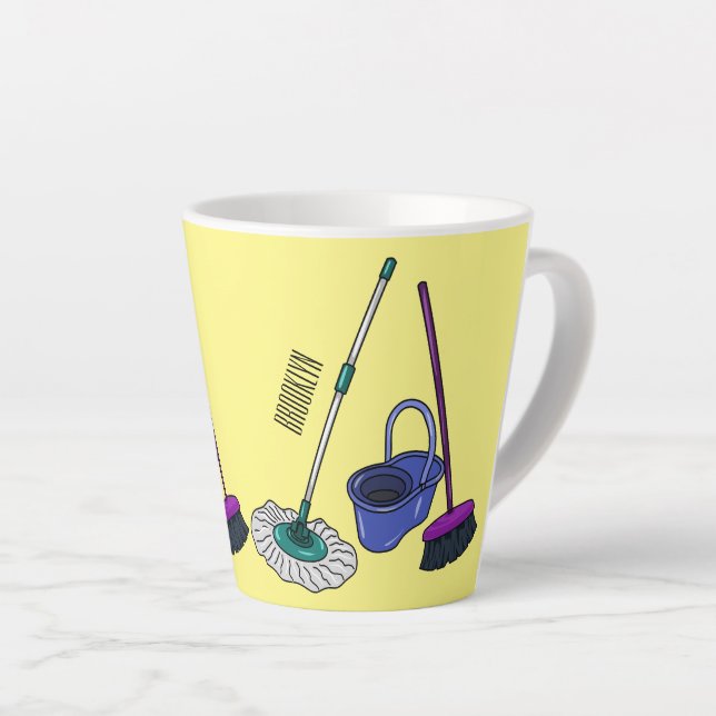 Broom & mop cartoon illustration latte mug (Right Angle)