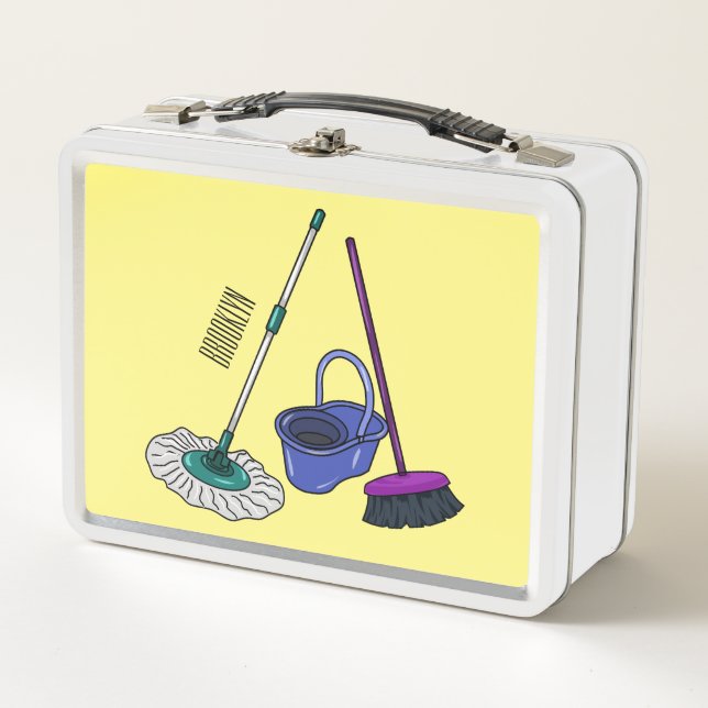 Broom & mop cartoon illustration metal lunch box (Front)