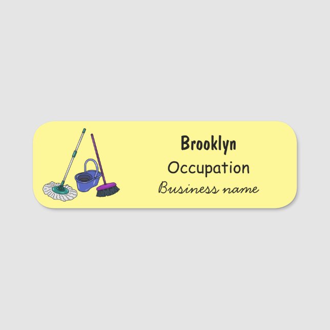 Broom & mop cartoon illustration name tag (Front)