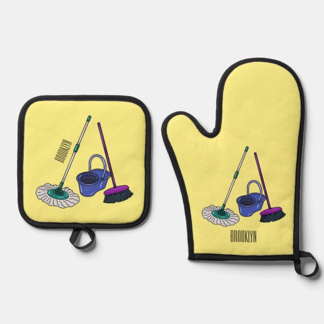 Broom & mop cartoon illustration oven mitt & pot holder set (Front)