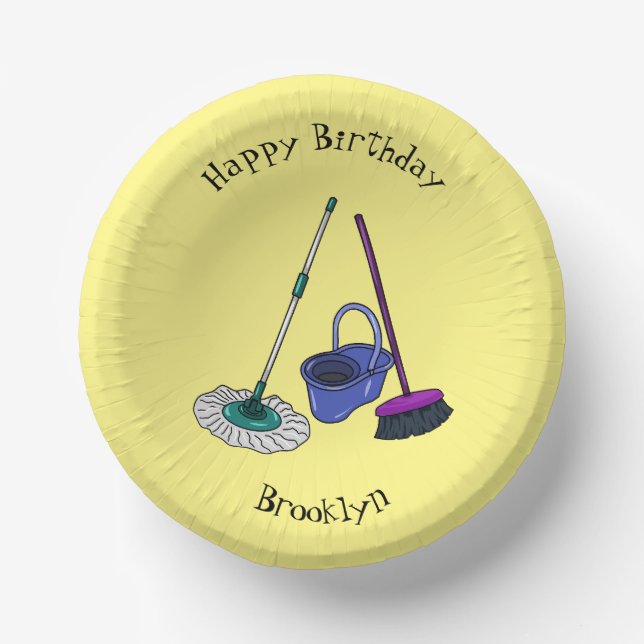 Broom & mop cartoon illustration paper plate (Front)