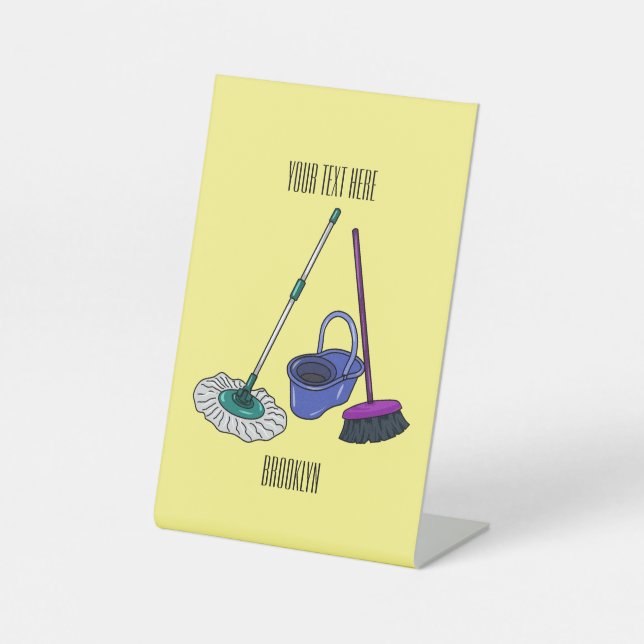 Broom & mop cartoon illustration pedestal sign (Front)