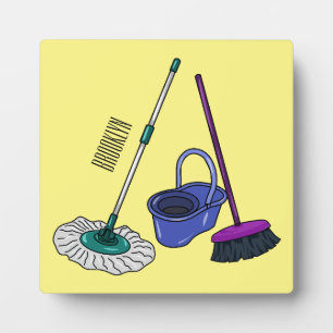 Broom & mop cartoon illustration plaque