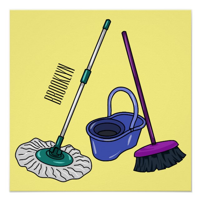 Broom & mop cartoon illustration poster (Front)