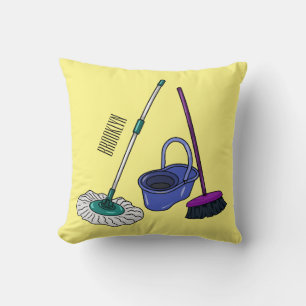 Broom & mop cartoon illustration throw pillow
