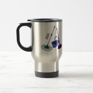 Broom & mop cartoon illustration travel mug