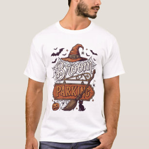 Broom Parking Halloween Witch Hat Broomstick Black T-Shirt