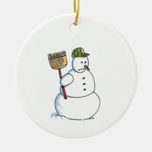 Broom Snowman céramique blanche ornement de Noël