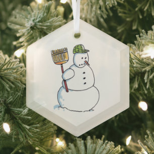Broom Snowman hexagon glass ornament