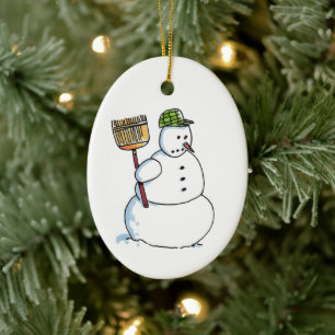 Broom Snowman oval ceramic ornament