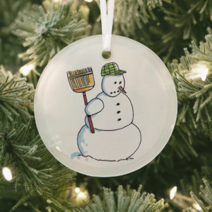 Broom Snowman round glass ornament