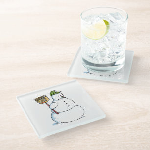 Broom Snowman white glass coaster