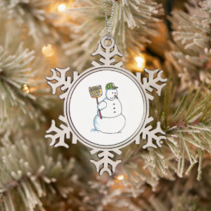 Broom Snowman white pewter snowflake ornament