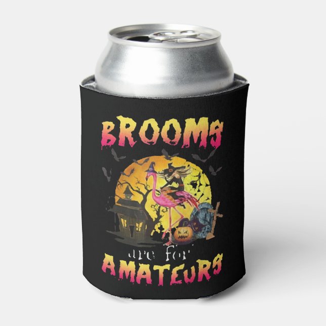 Brooms Are For Flamingo Halloween Can Cooler (Can Front)