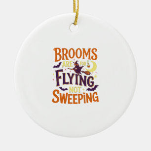 Brooms Flying Sweeping Halloween Witch Moon Bats Ceramic Ornament