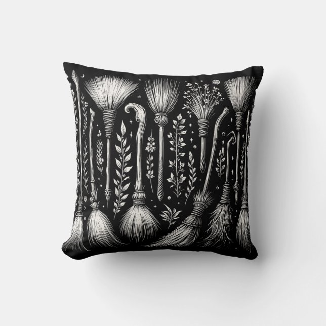 Broomsticks and Plants Witchy Magical Throw Pillow (Front)