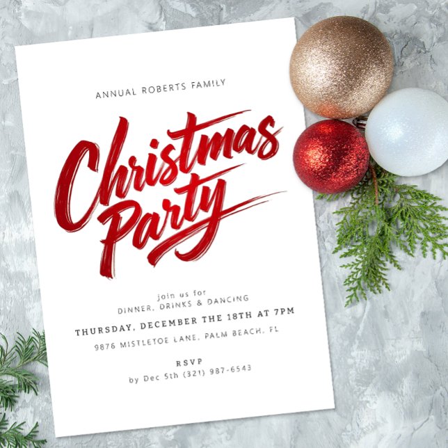 Brosse rouge moderne Script Noël Fête Invitation (Christmas Party Invite)