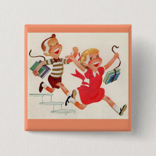 brother and sister on their way to school 2 inch square button