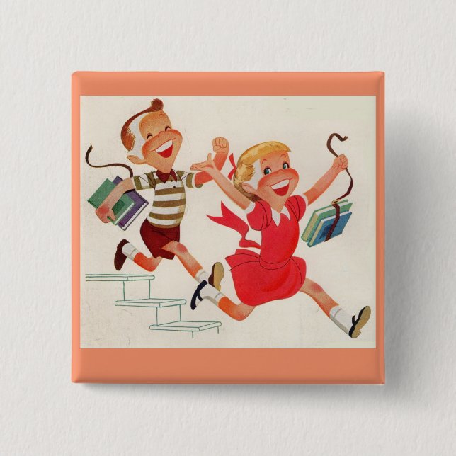 brother and sister on their way to school 2 inch square button (Front)