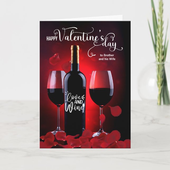 Brother and Wife Valentine Rose Petals Wine Holiday Card (Front)