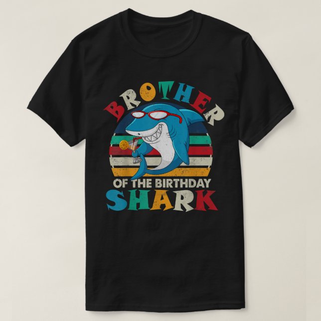 Brother Of The Birthday Shark Funny Retro Brother  T-Shirt (Design Front)