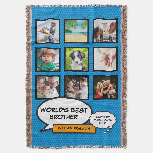Brother Photo Collage Comic Book Fun Cool Blue Throw Blanket (Front Vertical)