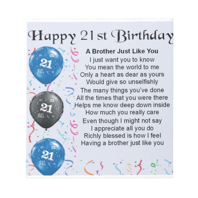 Brother Poem 21st Birthday Notepad (Front)