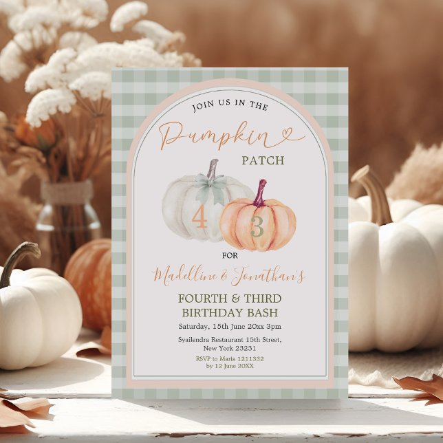 Brother & Sister Pumpkin Patch Gingham Birthday Invitation (Creator Uploaded)