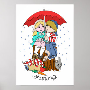 Brother & Sister Sharing Umbrella in Rain Poster