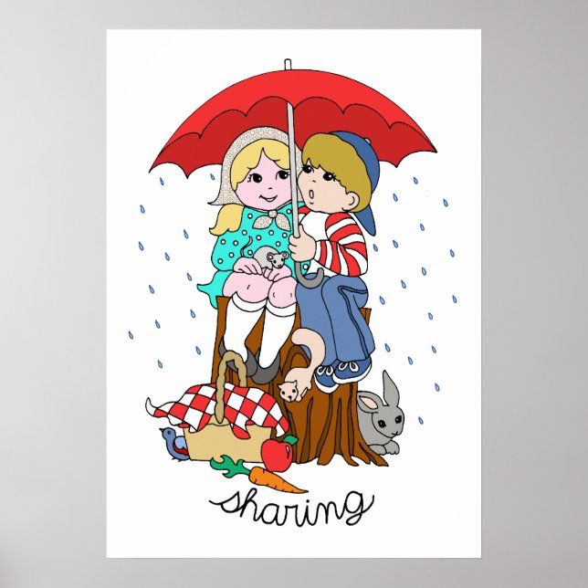 Brother & Sister Sharing Umbrella in Rain Poster (Front)