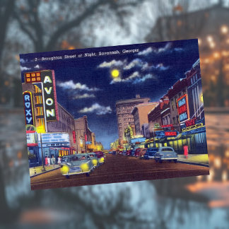 Broughton Street at Night Savannah GA Historic Postcard