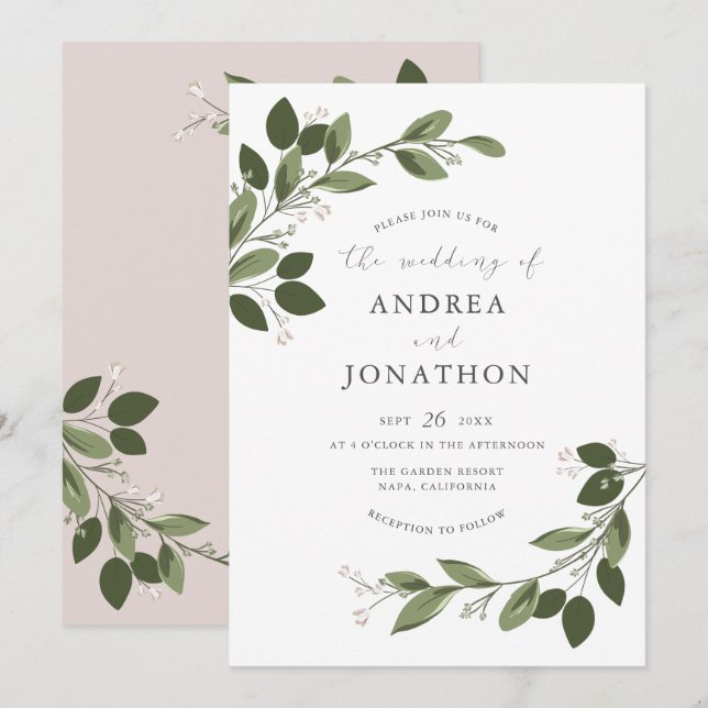 Broussant Sprigs Mariage Invitation avec Pink Back (Devant / Derrière)