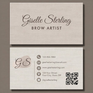 Brow Artist Blush Beige Linen Elegant QR Code Business Card