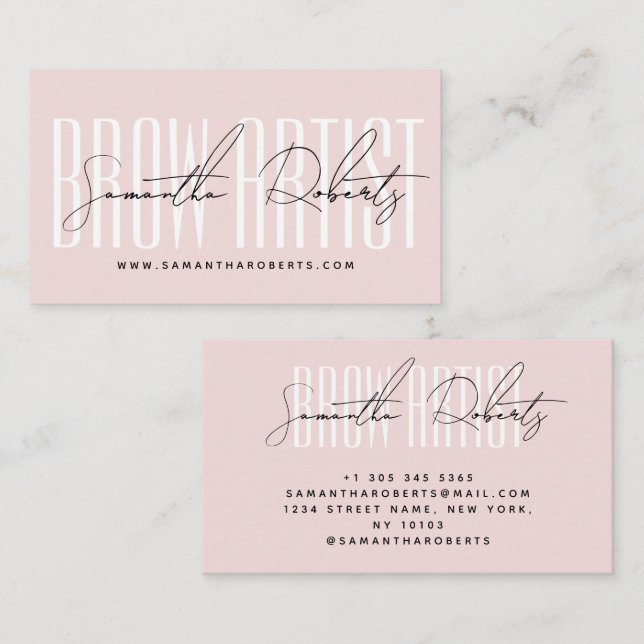 Brow artist modern typography script blush pink business card (Front/Back)