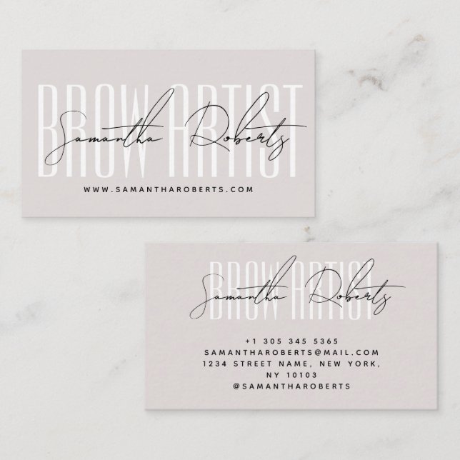 Brow artist modern typography script pink pearl business card (Front/Back)