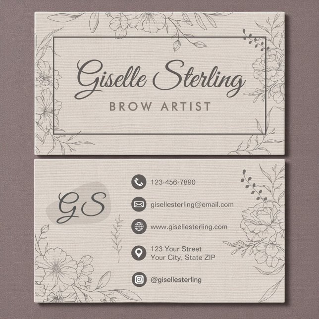 Brow Artist Neutral Linen Floral Line Art Script Business Card (Creator Uploaded)