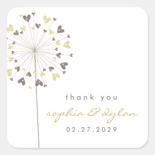 Brow & Cream Dandelion Flower Love Hearts Wedding Square Sticker
