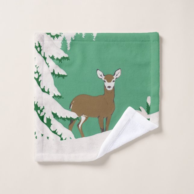 Brow Female Doe Deer in Snow Tall Pine Tree Green Wash Cloth (Wash Cloth)