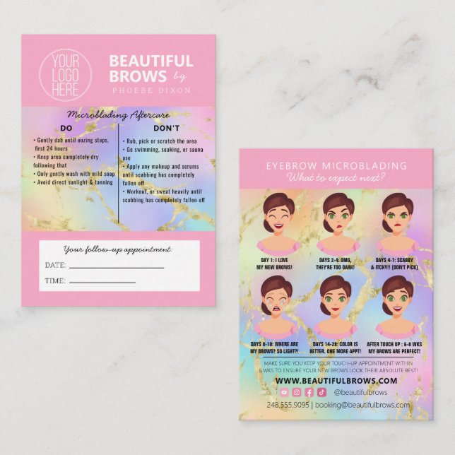 Brow Microblading Aftercare & Appointment Marble B Business Card (Front/Back)
