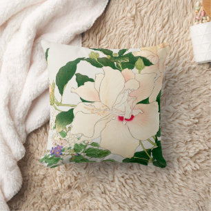 Browallia & Hibiscus Flowers -Japanese woodblock   Throw Pillow