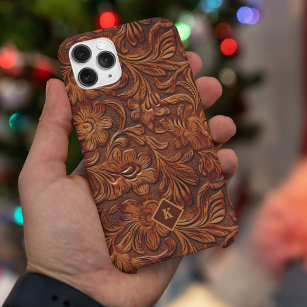 Brown 3-D tooled leather floral pattern 2 monogram iPhone 15 Case