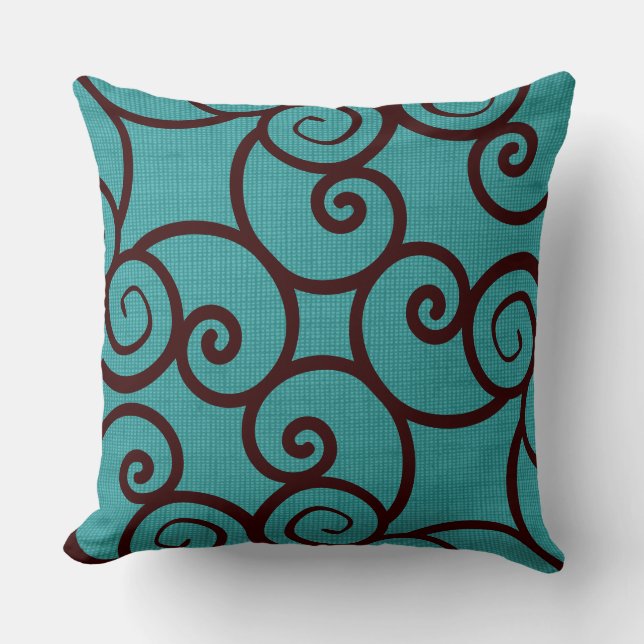 Brown Abstract Pattern on a Teal  on Teal Pattern Throw Pillow (Front)