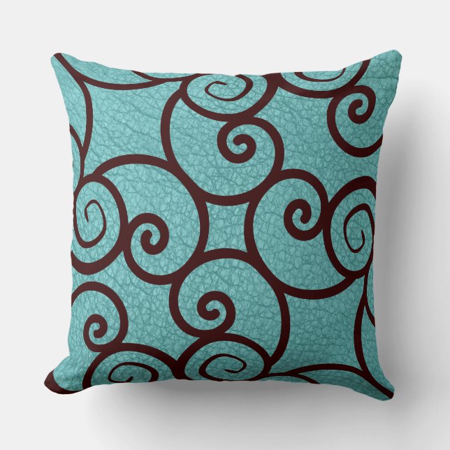 Brown Abstract Pattern on a Teal  on Teal Pattern Throw Pillow (Front)