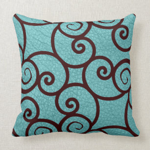 Brown Abstract Pattern on a Teal  on Teal Pattern Throw Pillow