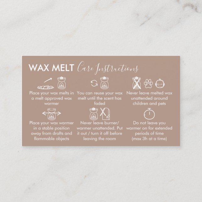 Brown Aftercare Instructions for Wax Melt Business Card (Back)
